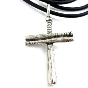 Baseball Bat Cross On Soft Black Rubber Necklace Antique Silver Softball