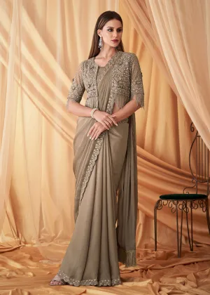 Beige Georgette Silk Embroidered Festive Party Saree