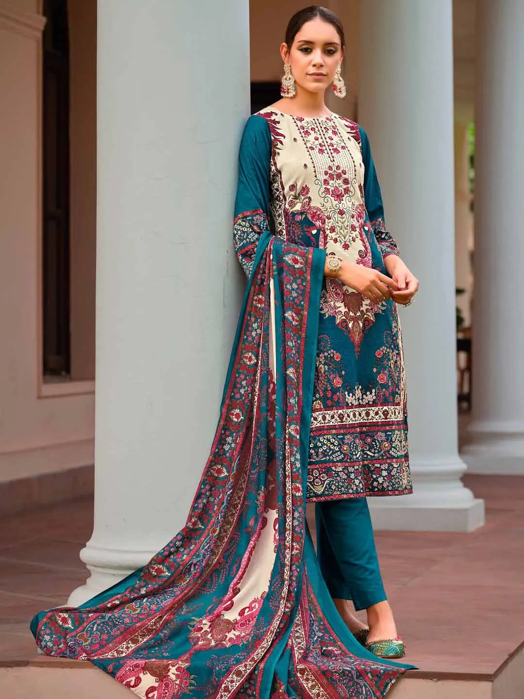 Belliza Cotton Pakistani Print Unstitched Women Salwar Suit Blue