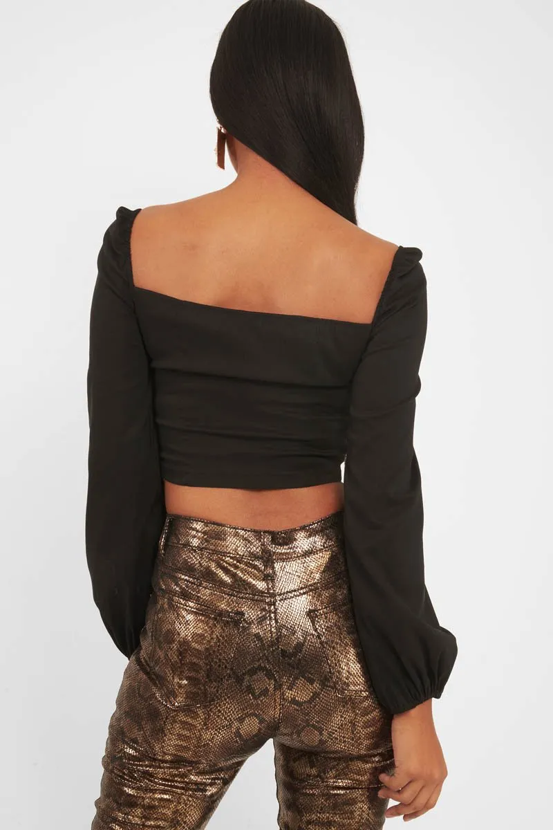 Black Button Front Puff Sleeve Crop Top - Analiese