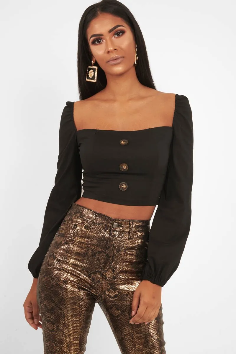 Black Button Front Puff Sleeve Crop Top - Analiese