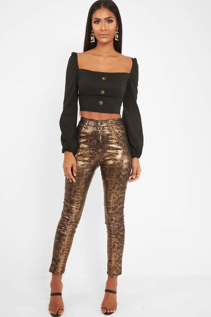 Black Button Front Puff Sleeve Crop Top - Analiese