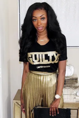 Black Gold Glitter Guilty Slogan T-Shirt - Javonna