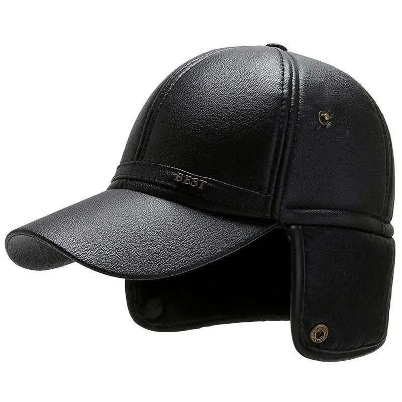 Black Pu Leather Baseball Cap Men's Winter Snapback Hat Earflaps Warm Baseball Caps Casquette Homme Dad Hat