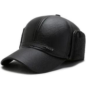 Black Pu Leather Baseball Cap Men's Winter Snapback Hat Earflaps Warm Baseball Caps Casquette Homme Dad Hat