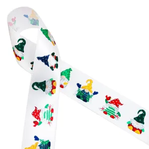 Christmas Gnome ribbon  printed on 1.5" white single face satin