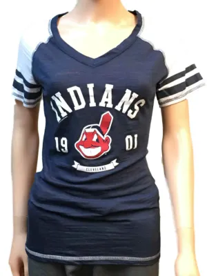 Cleveland Indians SAAG Women Navy Light Baseball Tri-Blend V-Neck T-Shirt