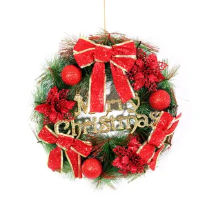 Deep Red Merry Christmas themed Artificial Christmas Wreath with Lights