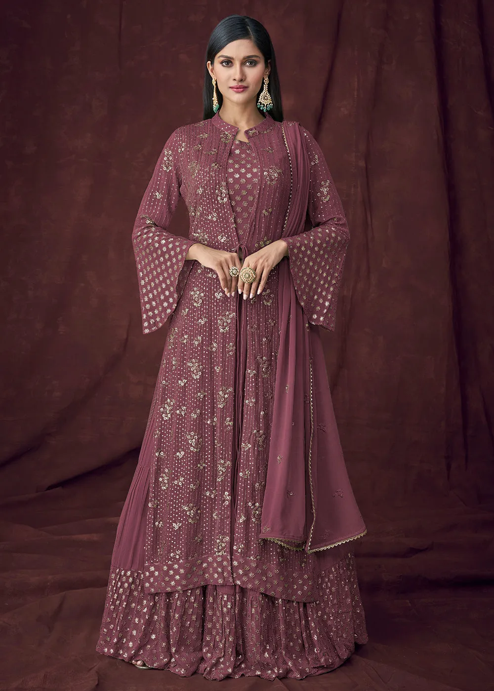 Fancy Fabric Plum Jacket Style Designer Lehenga Suit