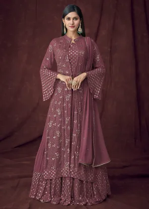 Fancy Fabric Plum Jacket Style Designer Lehenga Suit