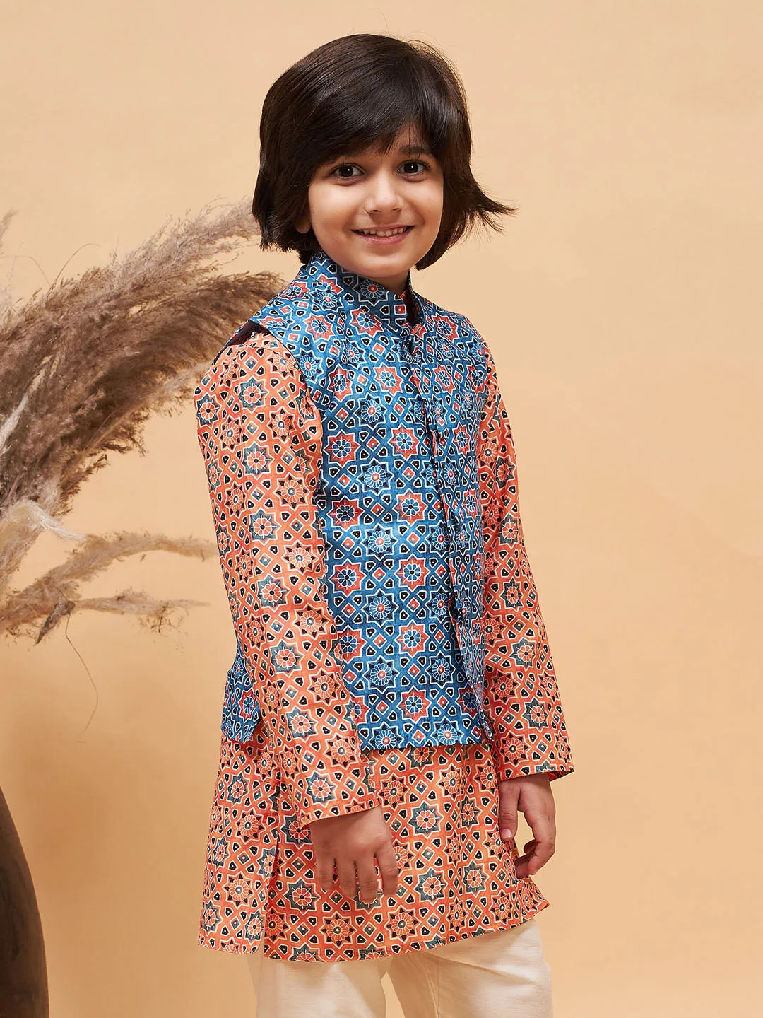 Jashvi Boy's Blue Printed Nehru Jacket