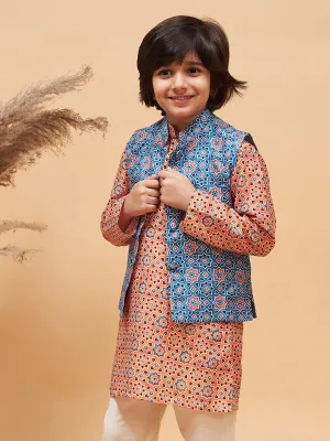 Jashvi Boy's Blue Printed Nehru Jacket