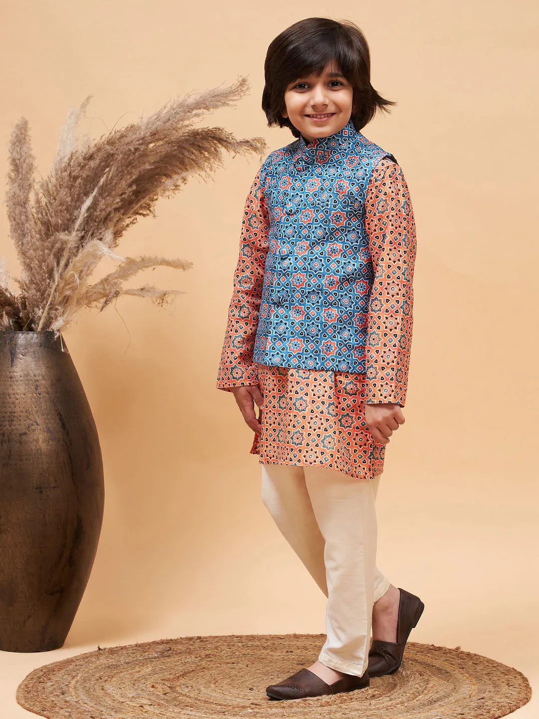 Jashvi Boy's Blue Printed Nehru Jacket