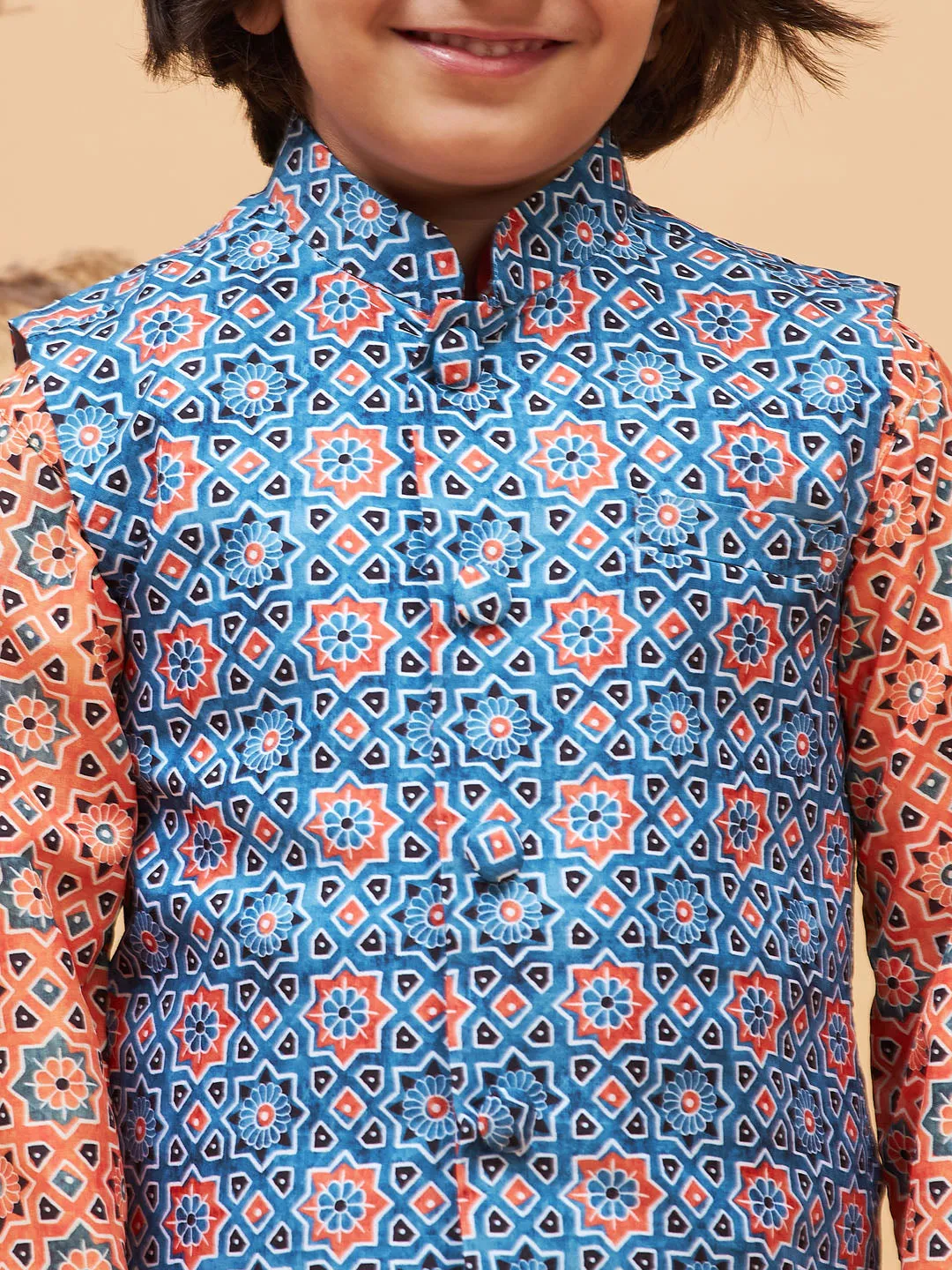 Jashvi Boy's Blue Printed Nehru Jacket