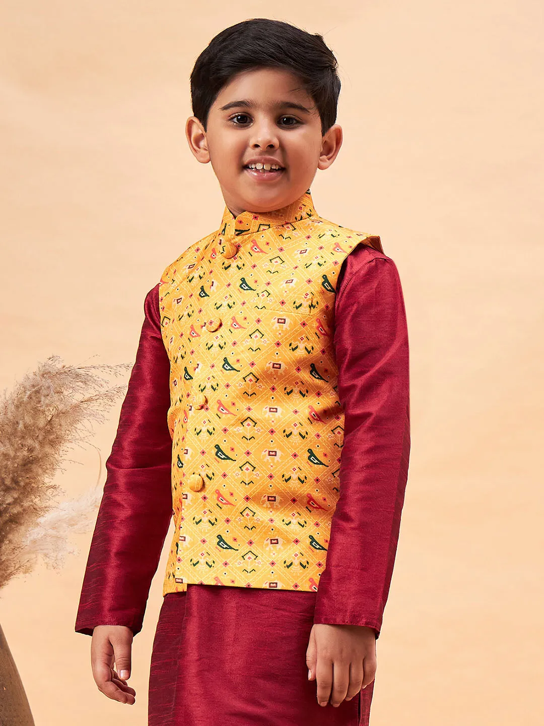 Jashvi Boy's Yellow Ethnic Printed Jacket