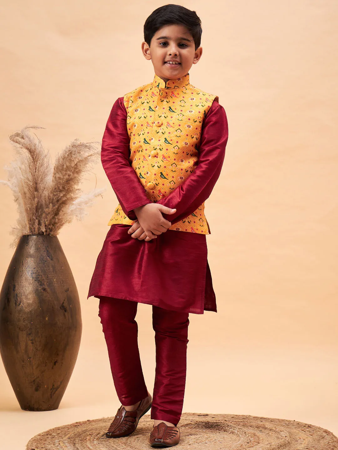 Jashvi Boy's Yellow Ethnic Printed Jacket