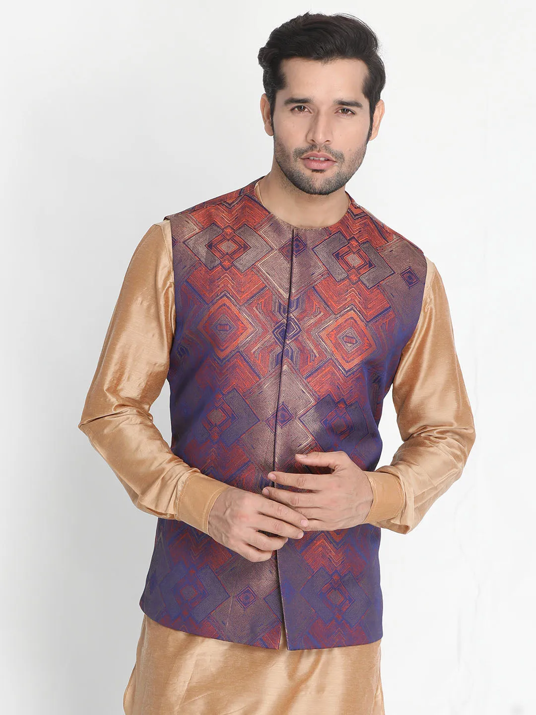 Jashvi Men's Beige Silk Blend Ethnic Jacket