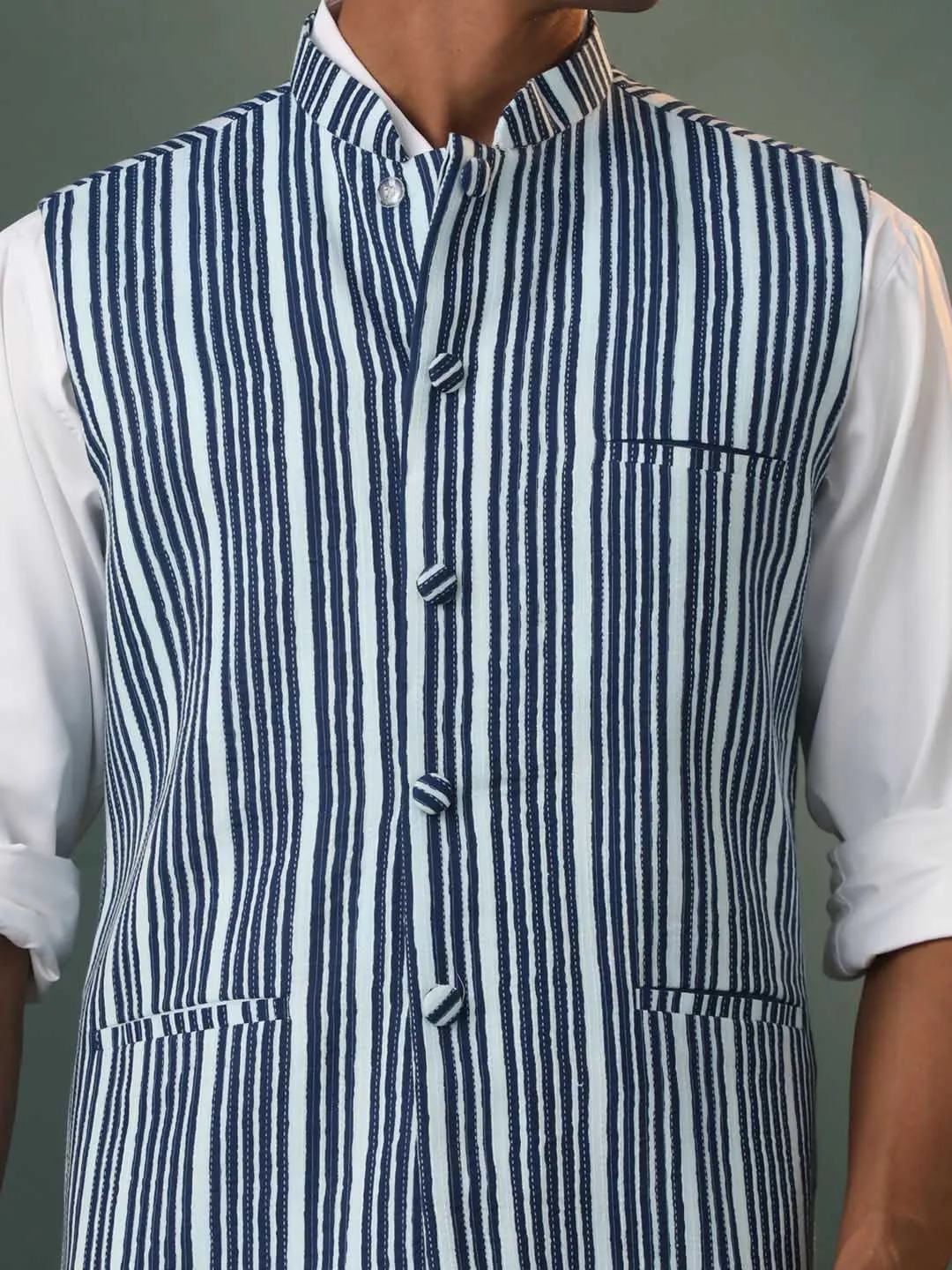 Jashvi Men's Indigo Striped Kantha Stich Nehru Jacket