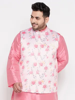 Jashvi Men's Plus Size Peach Floral Print Silk Blend Nehru Jacket