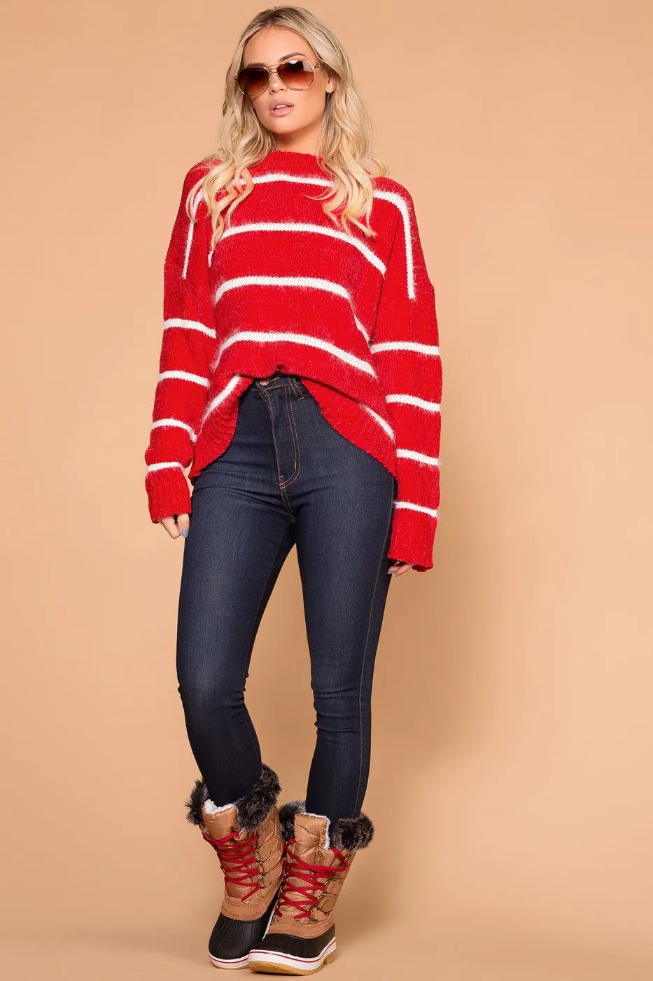 Maddie Red Stripe Chenille Knit Sweater