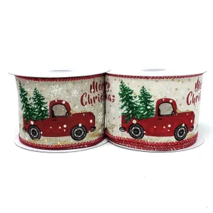 Merry Christmas Red Truck Linen Ribbon, 2-1/2-Inch, 10-Yard