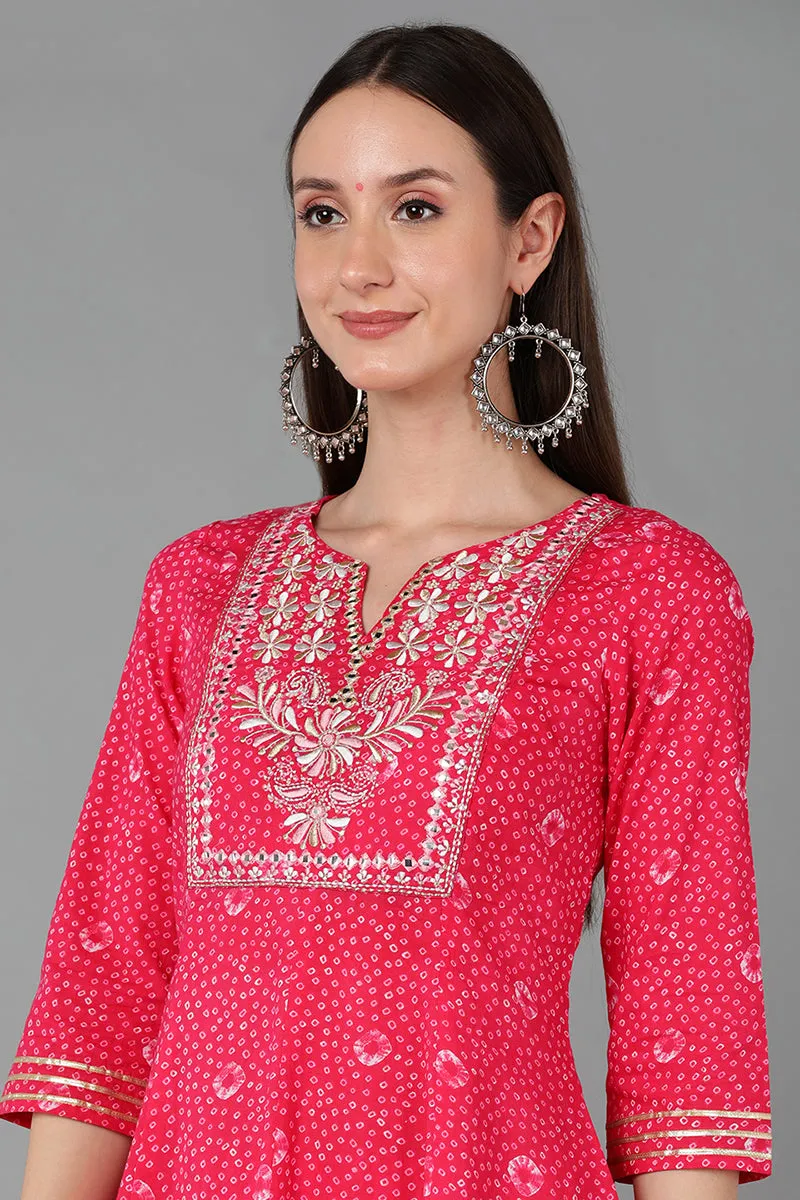 Pink Pure Cotton Anarkali Yoke Design Kurta Pant With Dupatta