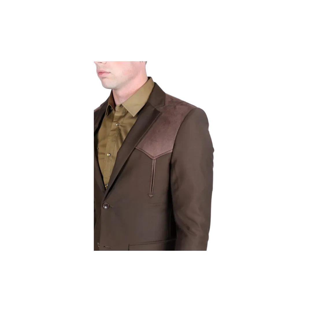 Platini Men's Western With Suede Yokes And Elbow Patches Dark Brown Suit Sport Coat