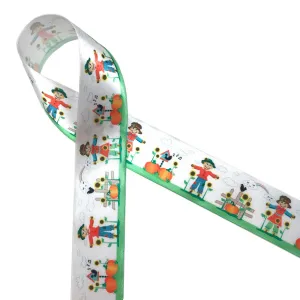 Scarecrow ribbon with a garden of pumpkins, sunflowers and birdhouses printed on 1.5" white satin