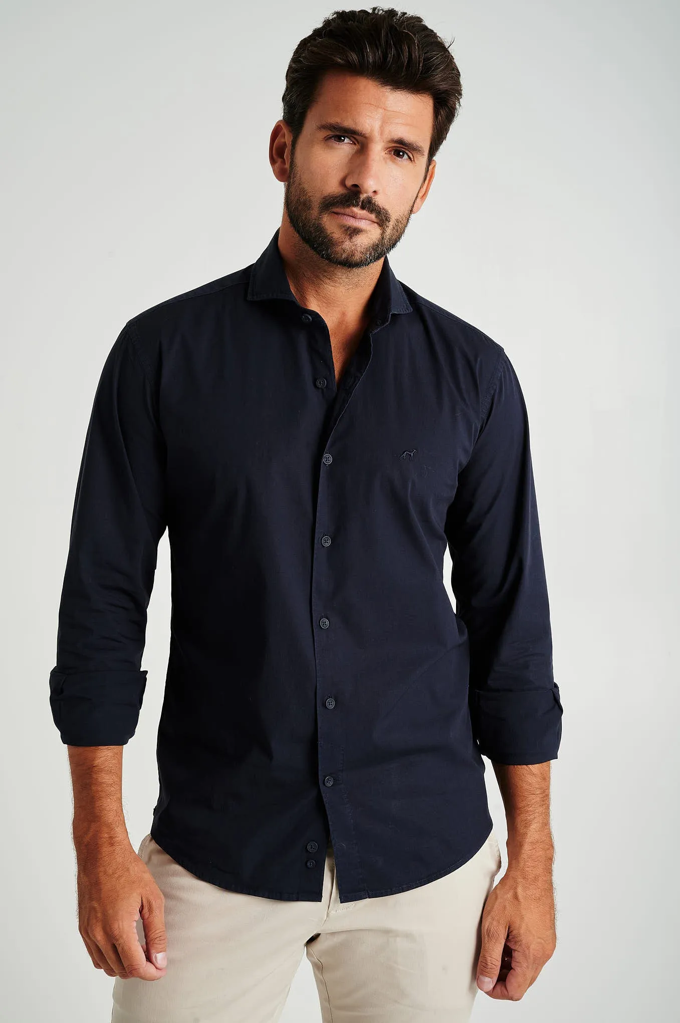 Slim fit cotton elastane comfort poplin shirt in garment dye