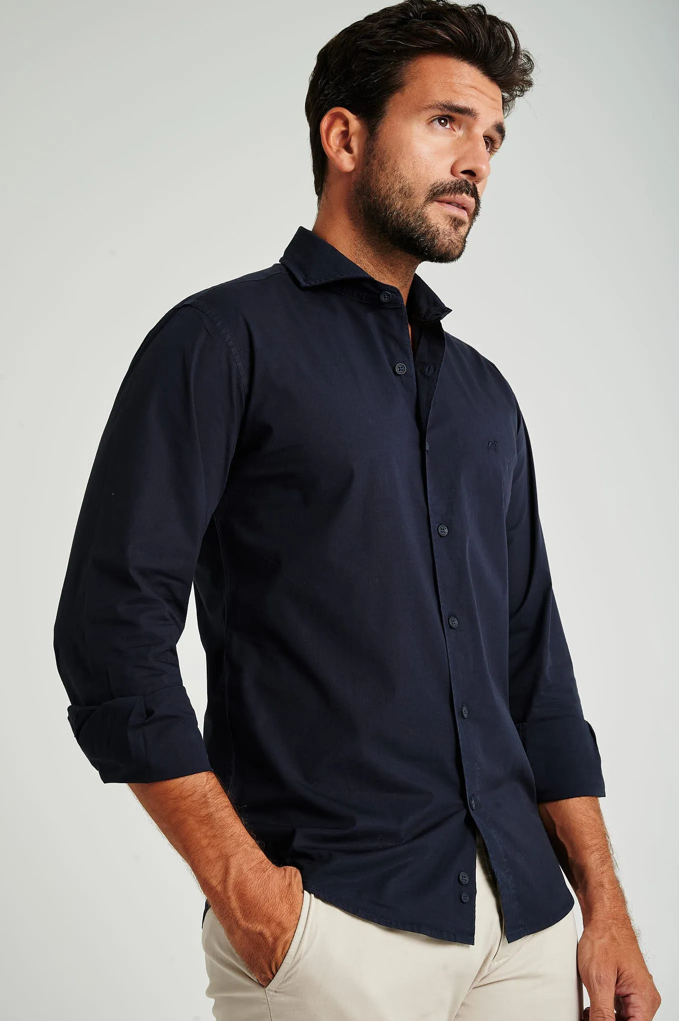 Slim fit cotton elastane comfort poplin shirt in garment dye