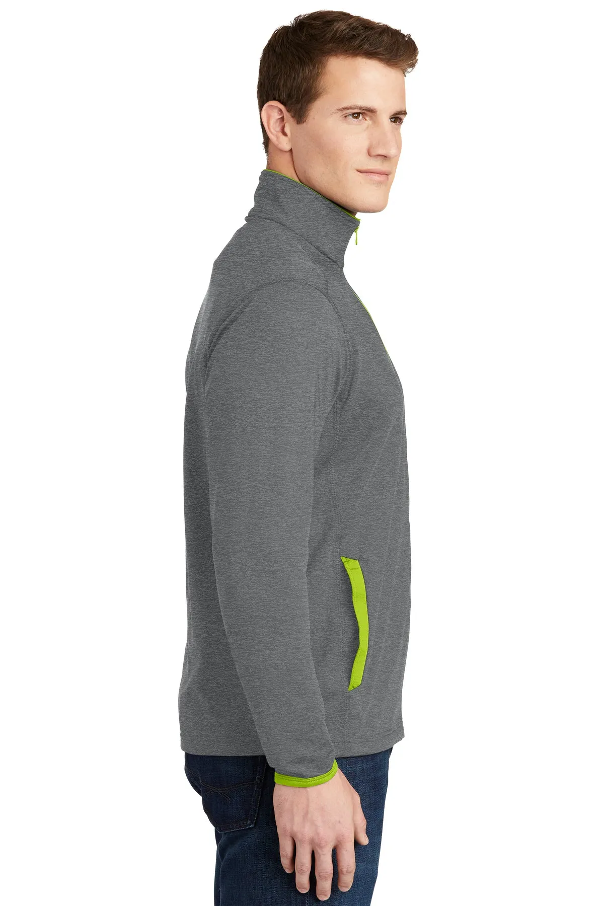 Sport-Tek Sport-Wick Stretch Contrast Branded Full-Zip Jackets, Charcoal Grey Heather/ Charge Green