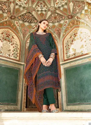 Unstiched Green Kani Style Print Suits with Chiffon Duppata