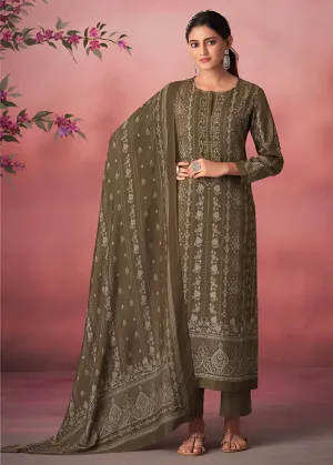 Unstitched Green Pashmina Winter Suit Material with Muslin Silk Dupatta