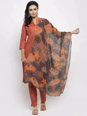 Women Orange Self-Striped Kurta With Trousers & Georgette Dupatta